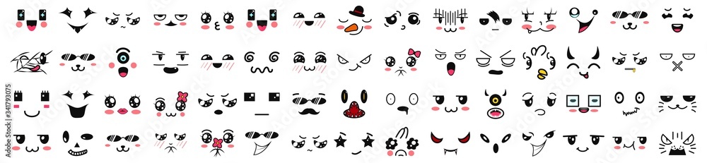 Obraz premium Kawaii cute faces. Manga style eyes and mouths. Funny cartoon japanese emoticon in in different expressions. Expression anime character and emoticon face illustration. Background, Wallpaper. Emotions.