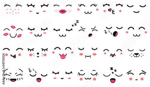 Kawaii cute faces with closed eyes. Manga style eyes and mouths. Funny cartoon japanese emoticon in in different expressions. Expression anime character and emoticon face illustration. Emotions.
