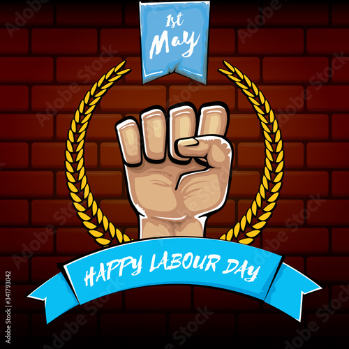 Happy labour day vector label with strong orange fist isolated on brick wall background. vector happy labor day background with man hand. red workers may day poster