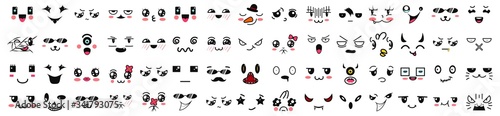 Kawaii cute faces. Manga style eyes and mouths. Funny cartoon japanese emoticon in in different expressions. Expression anime character and emoticon face illustration. Background, Wallpaper. Emotions.
