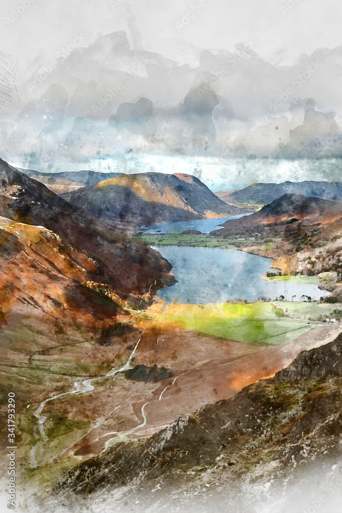 Digital watercolor painting of Majestic vibrant Autumn Fall landscape of Buttermere and Crummock Water flanked by mountain peaks of Haystacks High Stile and Mellbreak in Lake District
