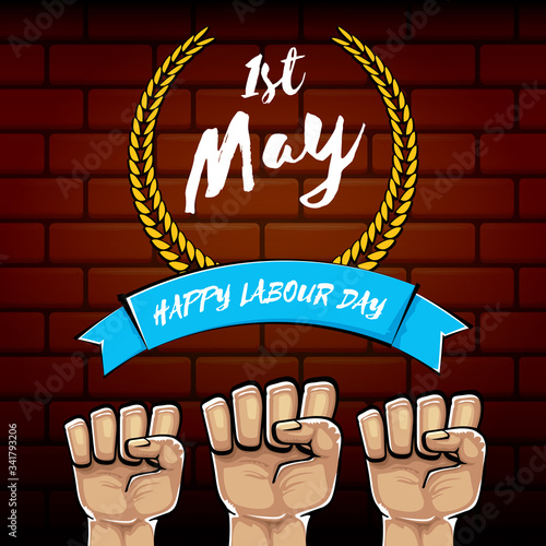 Happy labour day vector label with strong orange fist isolated on brick wall background. vector happy labor day background with man hand. red workers may day poster