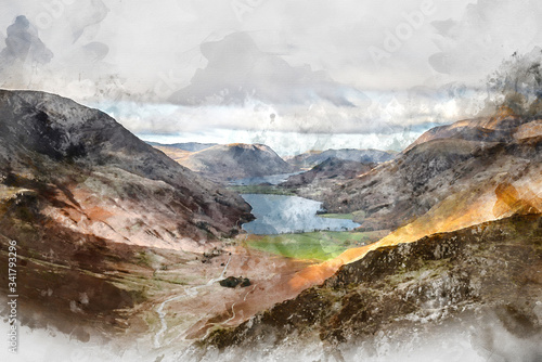 Fototapeta Naklejka Na Ścianę i Meble -  Digital watercolor painting of Majestic vibrant Autumn Fall landscape of Buttermere and Crummock Water flanked by mountain peaks of Haystacks High Stile and Mellbreak in Lake District