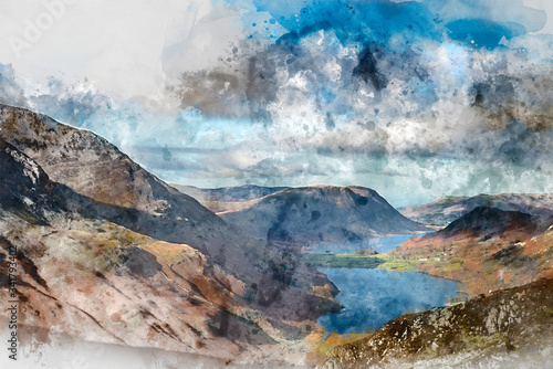 Fototapeta Naklejka Na Ścianę i Meble -  Digital watercolor painting of Majestic vibrant Autumn Fall landscape of Buttermere and Crummock Water flanked by mountain peaks of Haystacks High Stile and Mellbreak in Lake District
