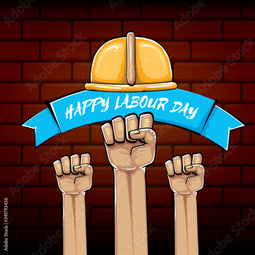 Happy labour day vector label with strong orange fist isolated on brick wall background. vector happy labor day background with man hand. red workers may day poster