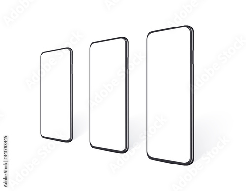 Realistic smartphones in row en perspective view with empty screen. Mobile phone mockup set for presentation yout app design or website. Isolated black cell device template, vector 3d illustration.