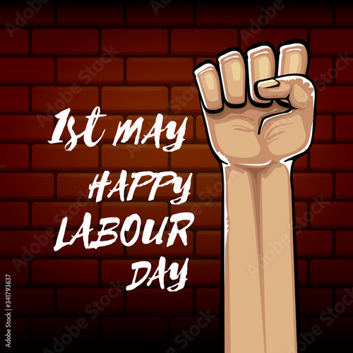 Happy labour day vector label with strong orange fist isolated on brick wall background. vector happy labor day background with man hand. red workers may day poster