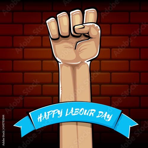 Happy labour day vector label with strong orange fist isolated on brick wall background. vector happy labor day background with man hand. red workers may day poster