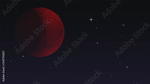 Big red planet or moon in the dark starry sky