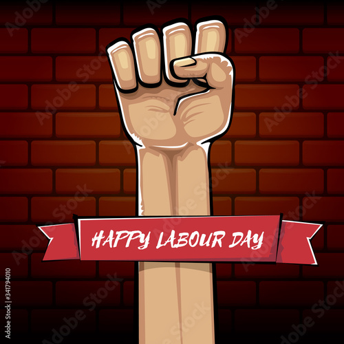 Happy labour day vector label with strong orange fist isolated on brick wall background. vector happy labor day background with man hand. red workers may day poster