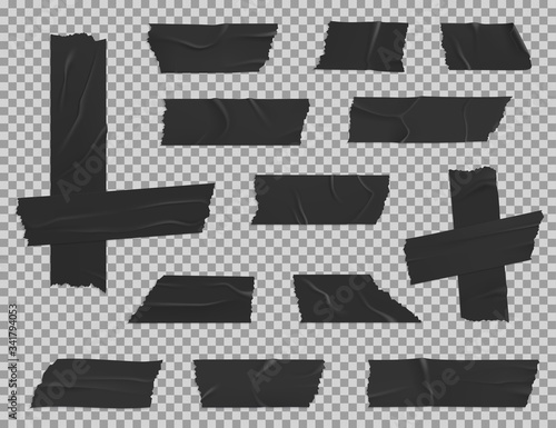 Black adhesive duct tape realistic vector mockup of sticky stripes, wrinkled and torn pieces of band crosses and corner on transparent background. Packaging, masking or insulating tapes design