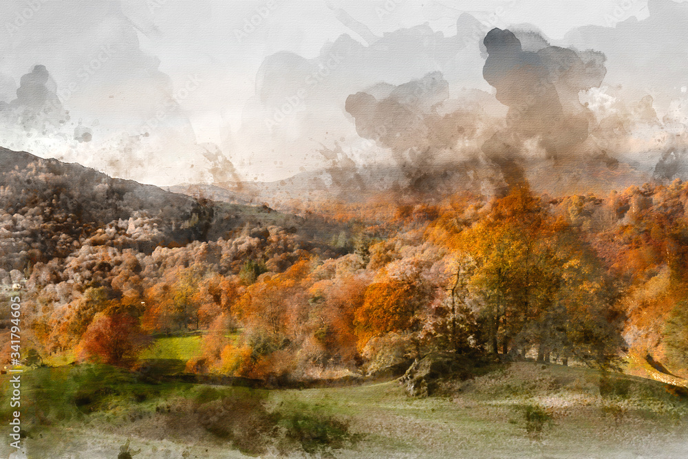 Fototapeta premium Digital watercolor painting of Beautiful vibrant Autumn Fall landscape of woodland in early morning light over English countryside