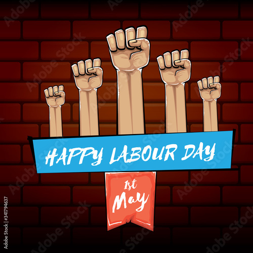 Happy labour day vector label with strong orange fist isolated on brick wall background. vector happy labor day background with man hand. red workers may day poster