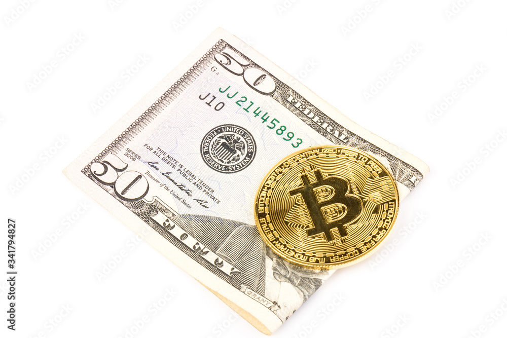 Bitcoin, fiftydollar bills on white background. Business, money, cryptocurrency concept. Bitcoin, fiftydollar bills on white background. Business, money, cryptocurrency concept.