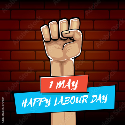 Happy labour day vector label with strong orange fist isolated on brick wall background. vector happy labor day background with man hand. red workers may day poster
