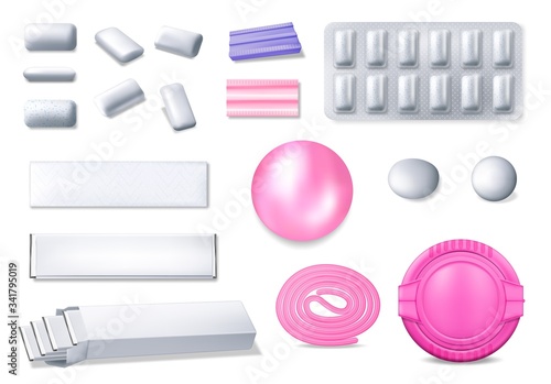 Chewing gum realistic 3d vector set. Isolated bubble gum in foil packages, blister and plastic box. Pads, balls and roll of white, pink and purple colors. Mint flavor taste cud, dental care chew icons