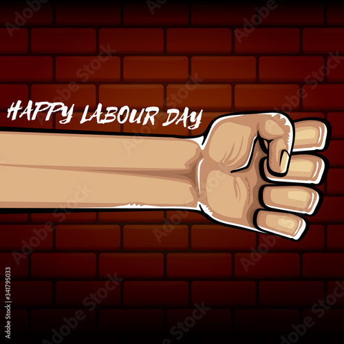 Happy labour day vector label with strong orange fist isolated on brick wall background. vector happy labor day background with man hand. red workers may day poster