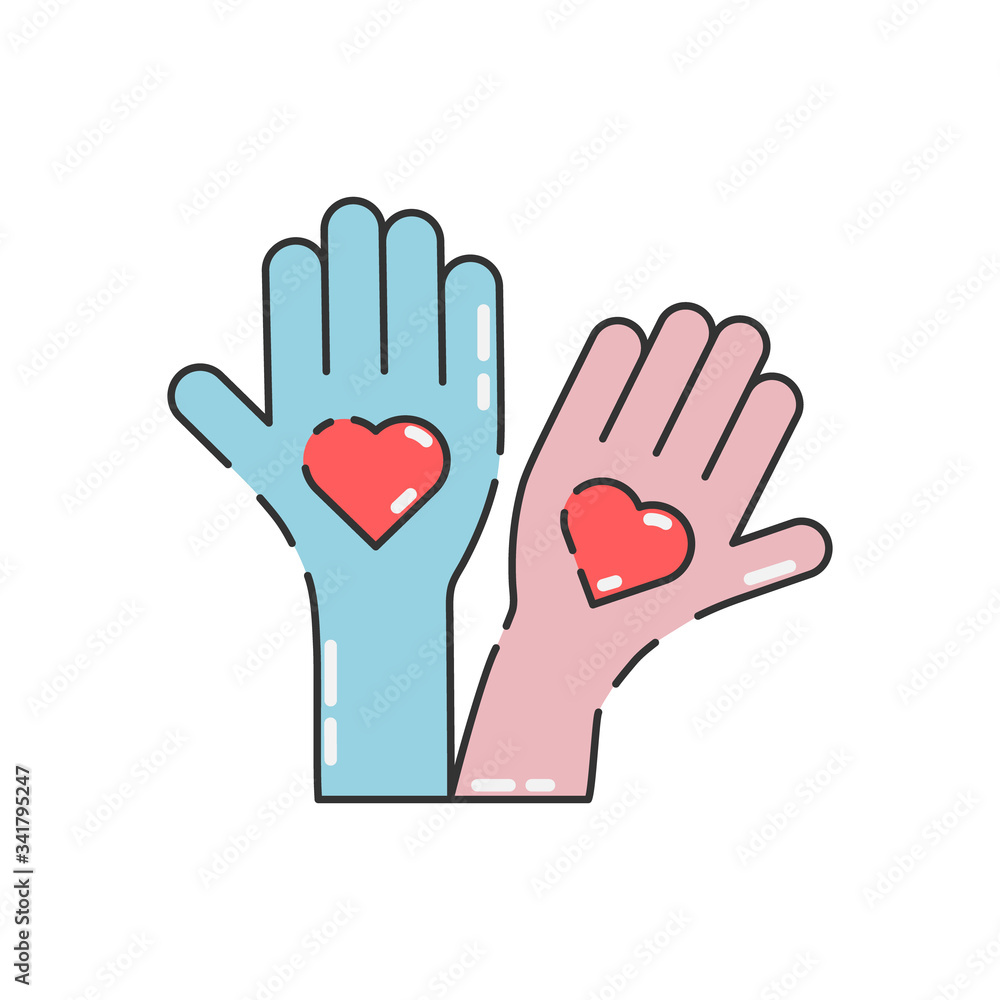 Obraz premium Volunteer activity vector illustration isolated on white background. Hands with hearts. Voluntary, charity, donation icon.