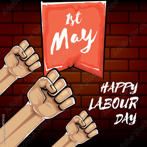 Happy labour day vector label with strong orange fist isolated on brick wall background. vector happy labor day background with man hand. red workers may day poster