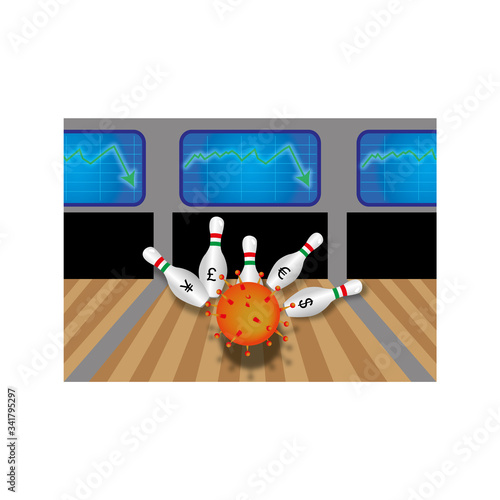 Coronavirus ball knocking down bowling pins with screens from the bag falling out of the crisis. Concept of financial crisis by Covid-19.