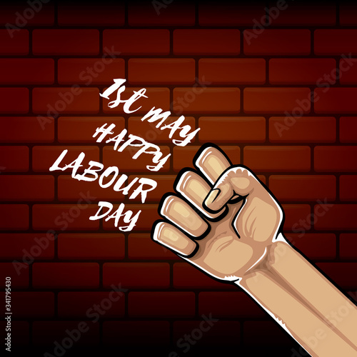 Happy labour day vector label with strong orange fist isolated on brick wall background. vector happy labor day background with man hand. red workers may day poster