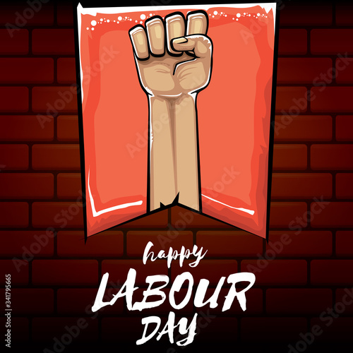 Happy labour day vector label with strong orange fist isolated on brick wall background. vector happy labor day background with man hand. red workers may day poster