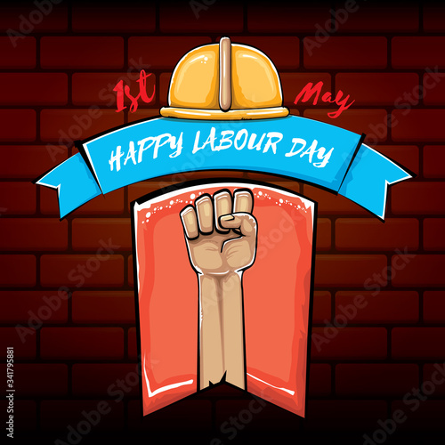 Happy labour day vector label with strong orange fist isolated on brick wall background. vector happy labor day background with man hand. red workers may day poster