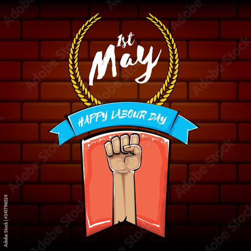 Happy labour day vector label with strong orange fist isolated on brick wall background. vector happy labor day background with man hand. red workers may day poster