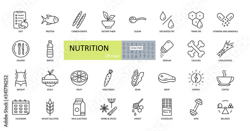 Vector nutrition icons. Editable Stroke. Nutrients in food, diet, weight loss, balance. Protein, carbohydrate, fiber, trans fat, vitamins, sugar, sodium, calcium, cholesterol, gluten, lactose