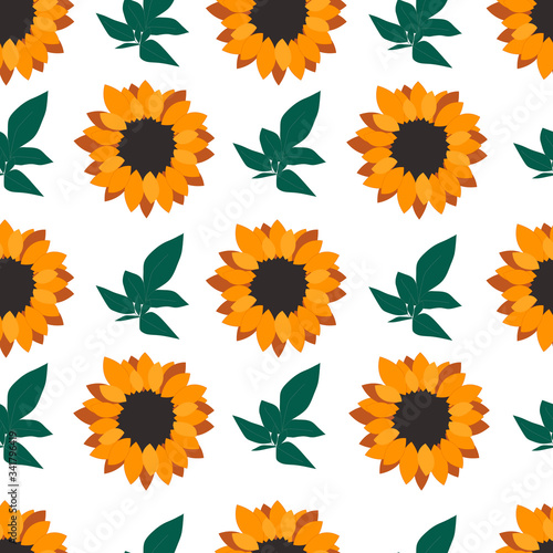 Seamless pattern with sunflowers on a white background. For wrapping paper, textiles, Wallpaper, pillow prints, bedding, clothing, kitchen supplies, postcards and invitations © Irina