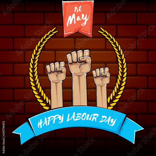 Happy labour day vector label with strong orange fist isolated on brick wall background. vector happy labor day background with man hand. red workers may day poster