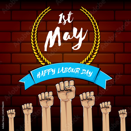 Happy labour day vector label with strong orange fist isolated on brick wall background. vector happy labor day background with man hand. red workers may day poster