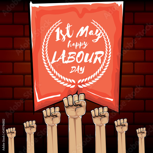 Happy labour day vector label with strong orange fist isolated on brick wall background. vector happy labor day background with man hand. red workers may day poster