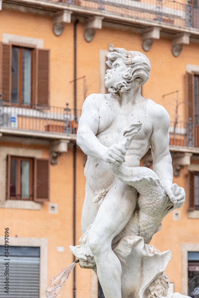 Detailed view of main sculpture of Fontana del Moro, or Moor Fountain, on Piazza Navona, Rome, Italy