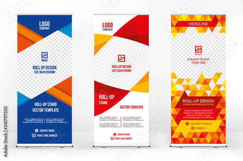 Roll-up banner template, a set of modern portable stands roll-up for advertising, banner for presentations, conferences, exhibitions, mobile banner for product promotion and advertising
