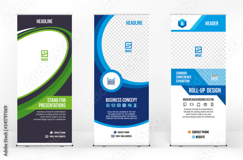 Roll-up banner template, a set of modern portable stands roll-up for advertising, banner for presentations, conferences, exhibitions, mobile banner for product promotion and advertising