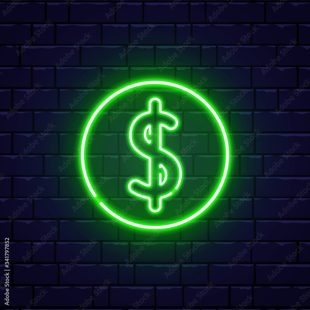 Dollar neon sign on brick wall. Money bright green symbol. Night bright advertising. Cash back neon template. Dollar currency with backlight. Finance concept. Vector illustration Dollar neon sign on brick wall. Money bright green symbol. Night bright advertising. Cash back neon template. Dollar currency with backlight. Finance concept. Vector illustration