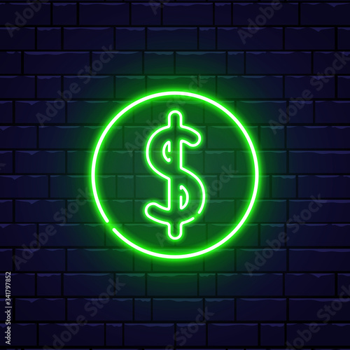 Dollar neon sign on brick wall. Money bright green symbol. Night bright advertising. Cash back neon template. Dollar currency with backlight. Finance concept. Vector illustration