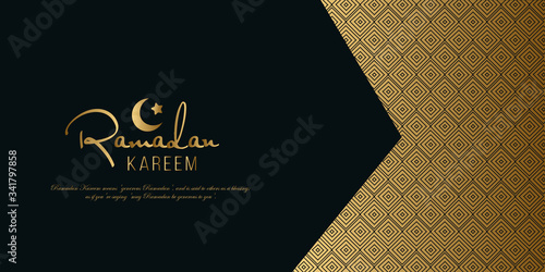 Ramadan kareem greeting background. Arabic calligraphy design for Ramadan Kareem, isolated dark blue background, gold stamping style vector illustration