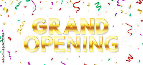 Grand opening background with color glittering falling confetti. Celebration template. Business opening ceremony. Announcement banner. Vector illustration