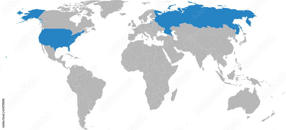Russia, USA map highlighted on world map. Light gray background. Business concepts, diplomatic, travel, trade and transport relations.