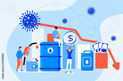 Oil price decreasing concept vector. Petroleum market crisis. Corona-virus impact on falling oil prices.Red arrow goes to zero. Tiny businessmen in a panic. Oil rig, gas station, barrel