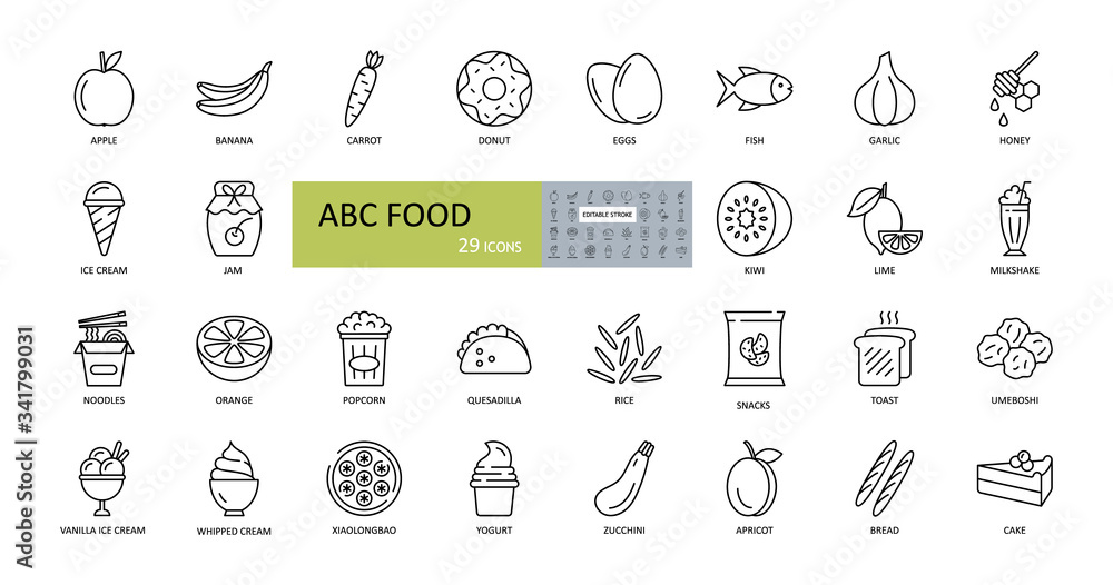 Vector icons the ABC's of food. Editable Stroke. Food in alphabetical order. Vegetables, fruits, fast food, sweets, fish, cocktail, bread, honey and jam