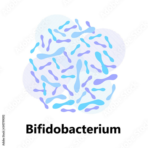 Probiotics bacteria. Lactobacillus, bulgaricus logo with text. Amorphous symbols for milk products are shown such as yogurt, acidophilus. Lactococcus, propionibacterium are shown.