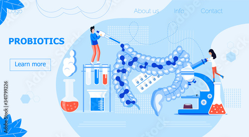 Tiny people give intestine probiotic bacteria, lactobacillus. Healthcare landing page, immunity support concept vector for horizontal banner, poster, flyer, website. Symbol of useful milk