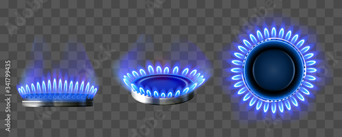 Gas burner with blue flame. Glowing fire ring on kitchen stove in top and side view. Vector realistic mockup of burning propane butane in oven for cooking isolated on transparent background