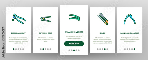 Garlic Press Utensil Onboarding Icons Set Vector. Garlic Press Kitchenware Equipment, Stainless Kitchen Tool, Metallic Ware For Cooking Illustrations