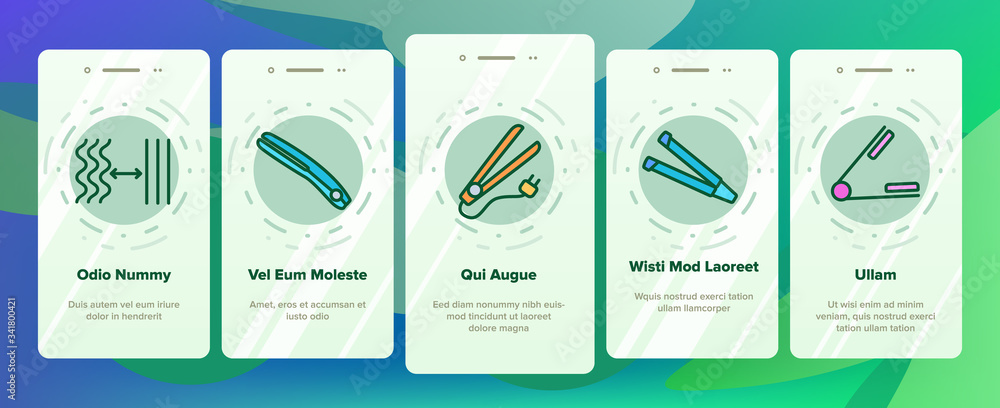 Fototapeta premium Flat Iron Equipment Onboarding Icons Set Vector. Flat Iron Hairdresser Device, Appliance For Beauty Hair, Woman Make Coiffure With Tool Illustrations