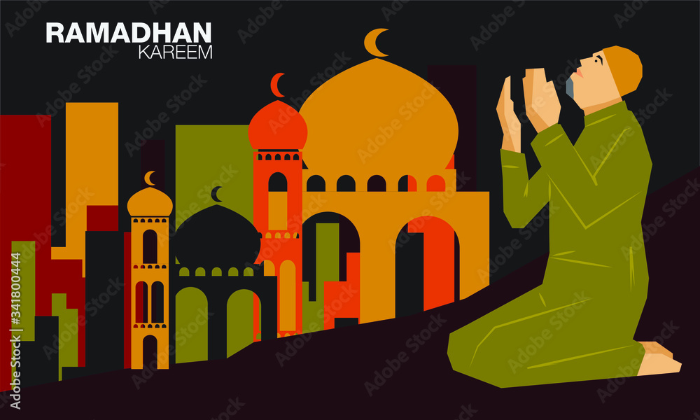Ramadhan Kareem vector illustration greeting a mosque background at night time