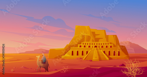 Egypt desert with Hatshepsut temple, camel with arab, mountain and tumbleweed. Vector cartoon landscape of egyptian ancient landmark. Pharaoh tomb in Sahara at sunset
